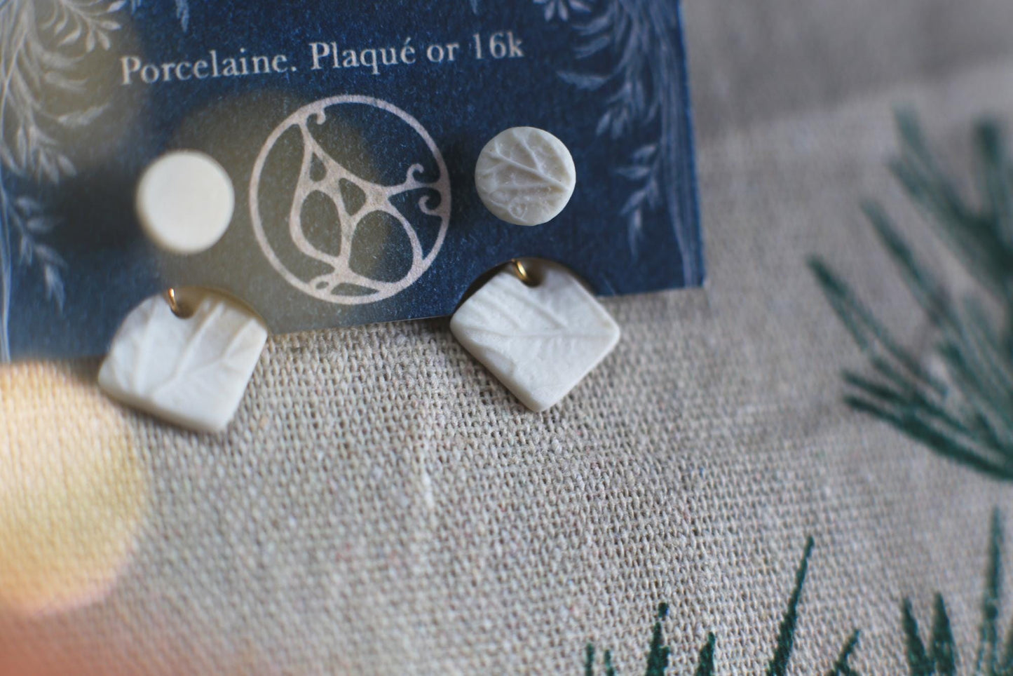 Leaf Jackets /Porcelain and Gold Ear-Jacket Earrings with Leaf Reliefs