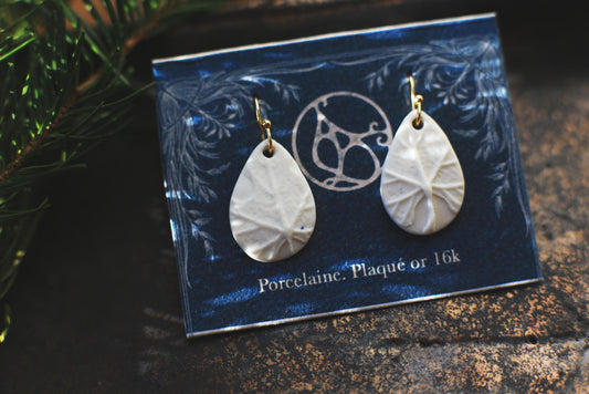 Porcelain Leaf Earrings and Pendant Set, Gold-Plated, Nature Inspired Jewelry