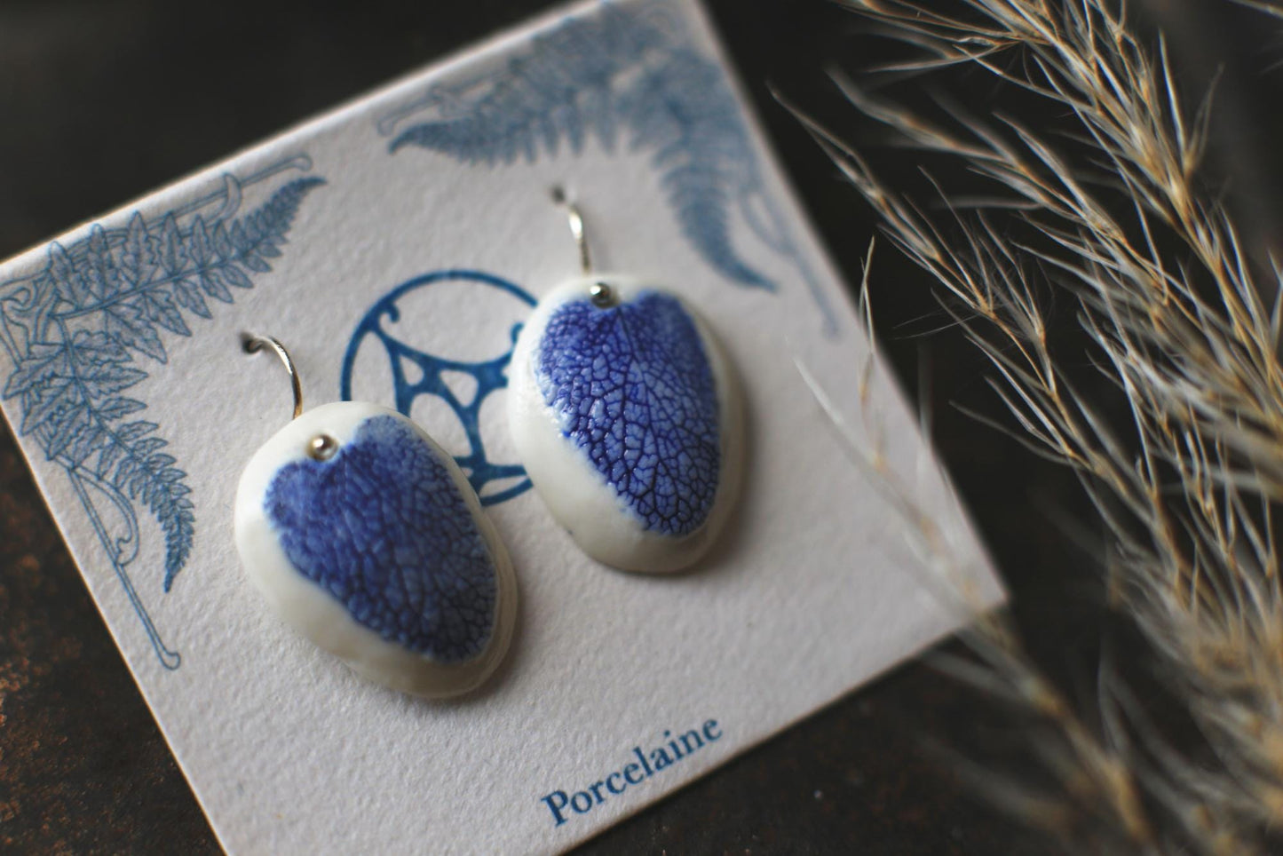 Cobalt Leaves / Porcelain Earrings