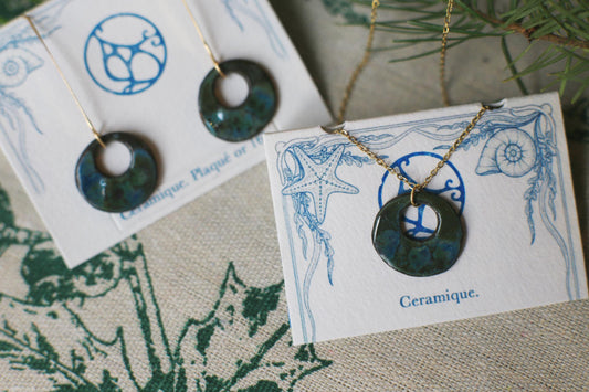 Sea Wreaths / Ceramic Earrings and Pendant with Seashell Imprints