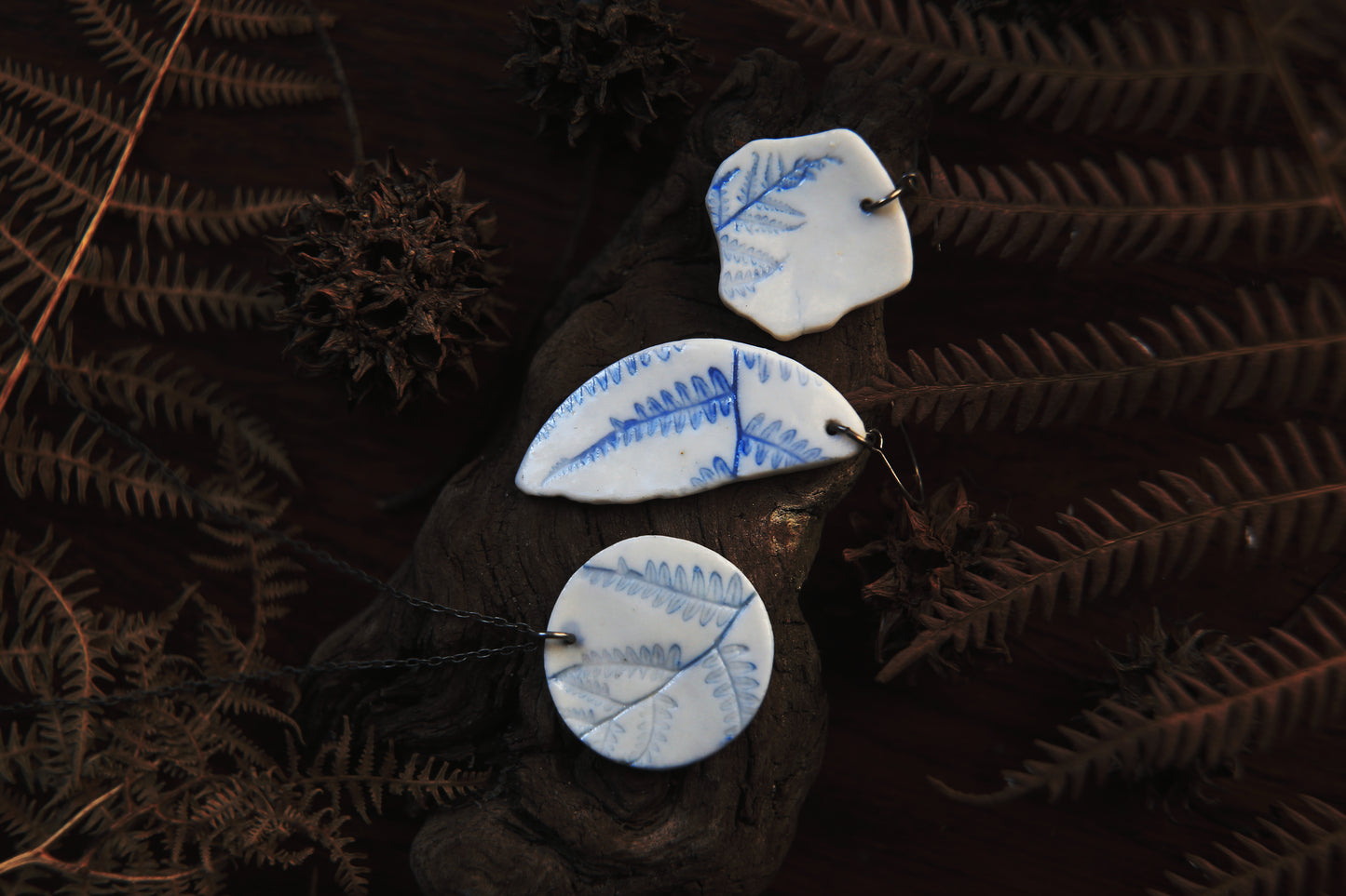 Cleft Ferns / Porcelain Earrings and Necklace