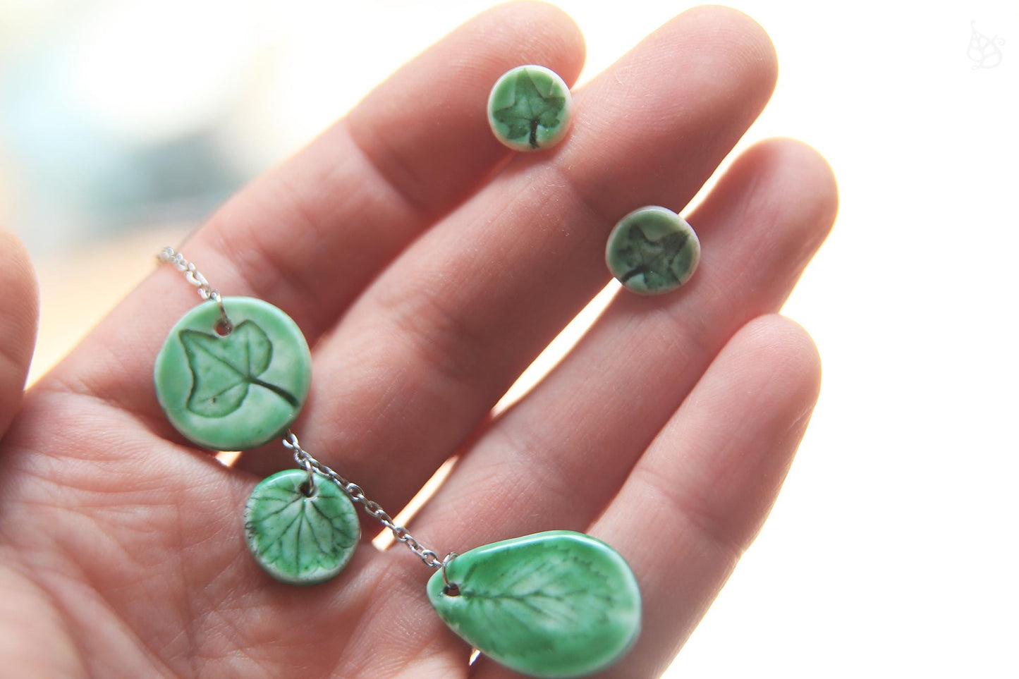 Spring Leaves / Porcelain Necklace and Earrings