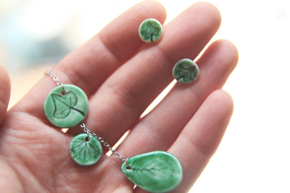 Spring Leaves / Porcelain Necklace and Earrings