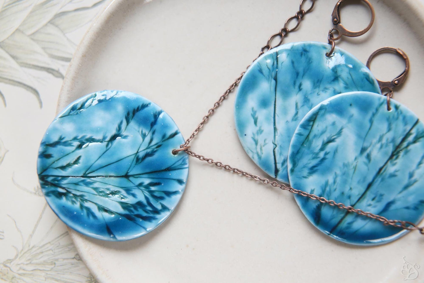 Teal Herbarium / Porcelain Jewelry Set