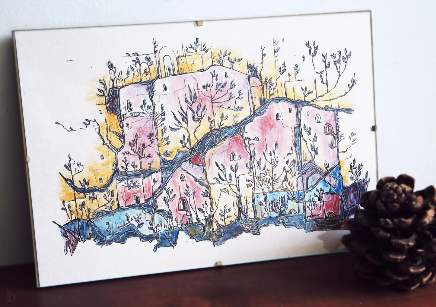 Summer Town / Original ink and acrylic painting
