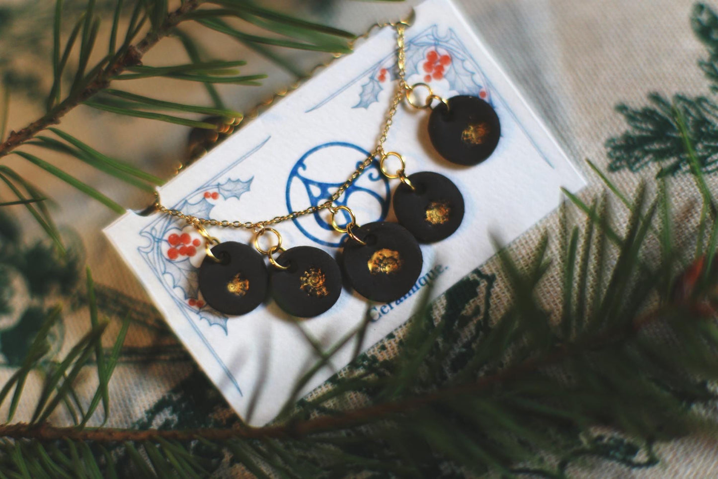 Golden Coast Charms / Black Ceramics Necklace with Seashell Imprints