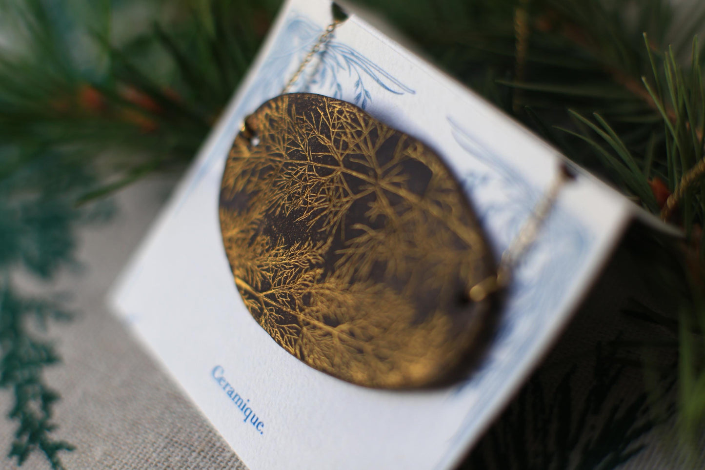 Golden Net / Black Ceramics Necklace with Botanical Imprint