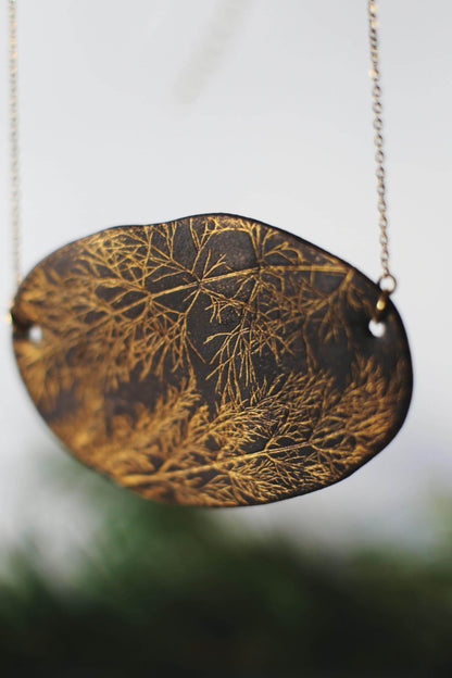 Golden Net / Black Ceramics Necklace with Botanical Imprint