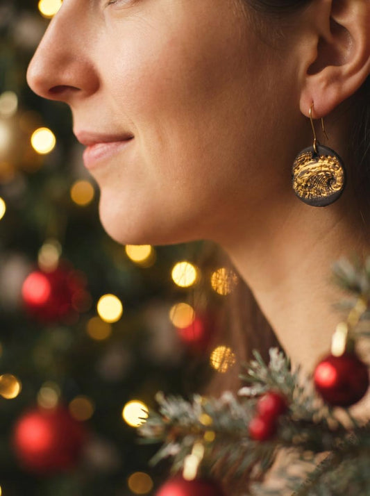 Golden Abalone / Black Ceramics Earrings With Abalone Imprints