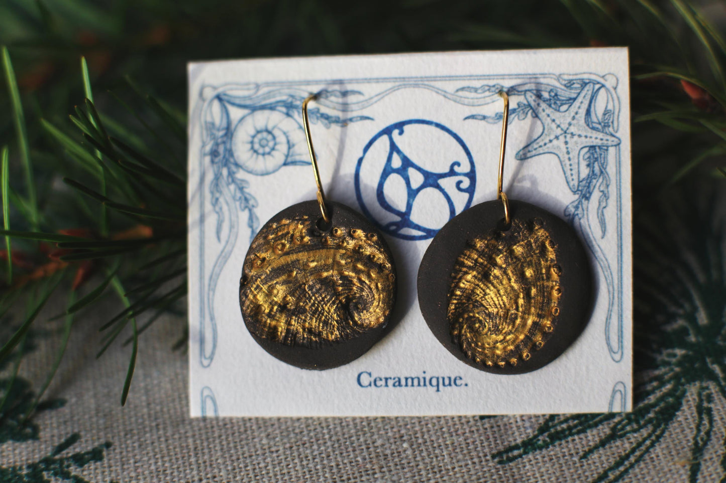Golden Abalone / Black Ceramics Earrings With Abalone Imprints