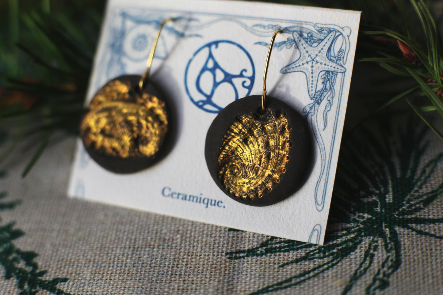 Golden Abalone / Black Ceramics Earrings With Abalone Imprints