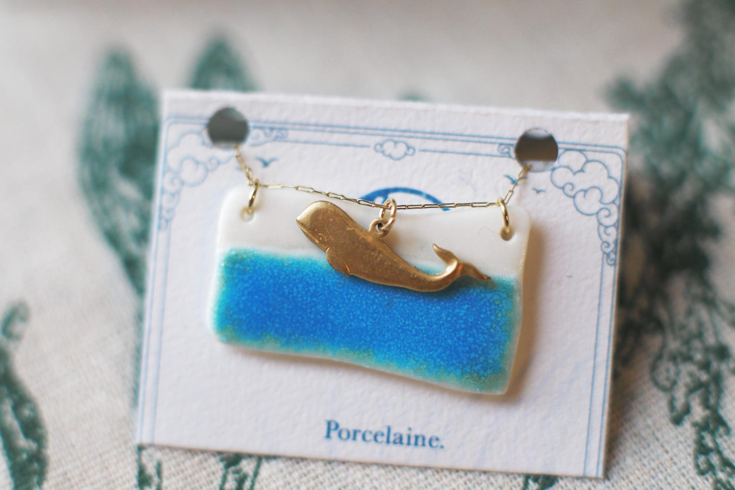 Turquoise Edge / Porcelain Pendant with a Whale Charm