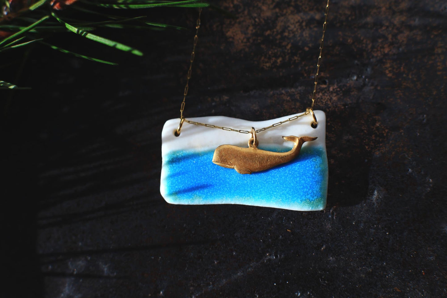 Turquoise Edge / Porcelain Pendant with a Whale Charm