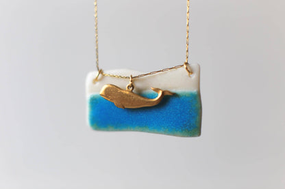 Turquoise Edge / Porcelain Pendant with a Whale Charm
