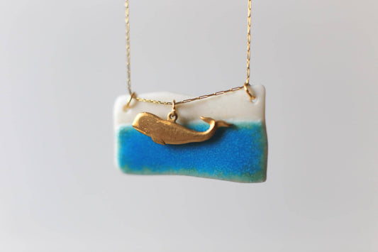 Turquoise Edge / Porcelain Pendant with a Whale Charm