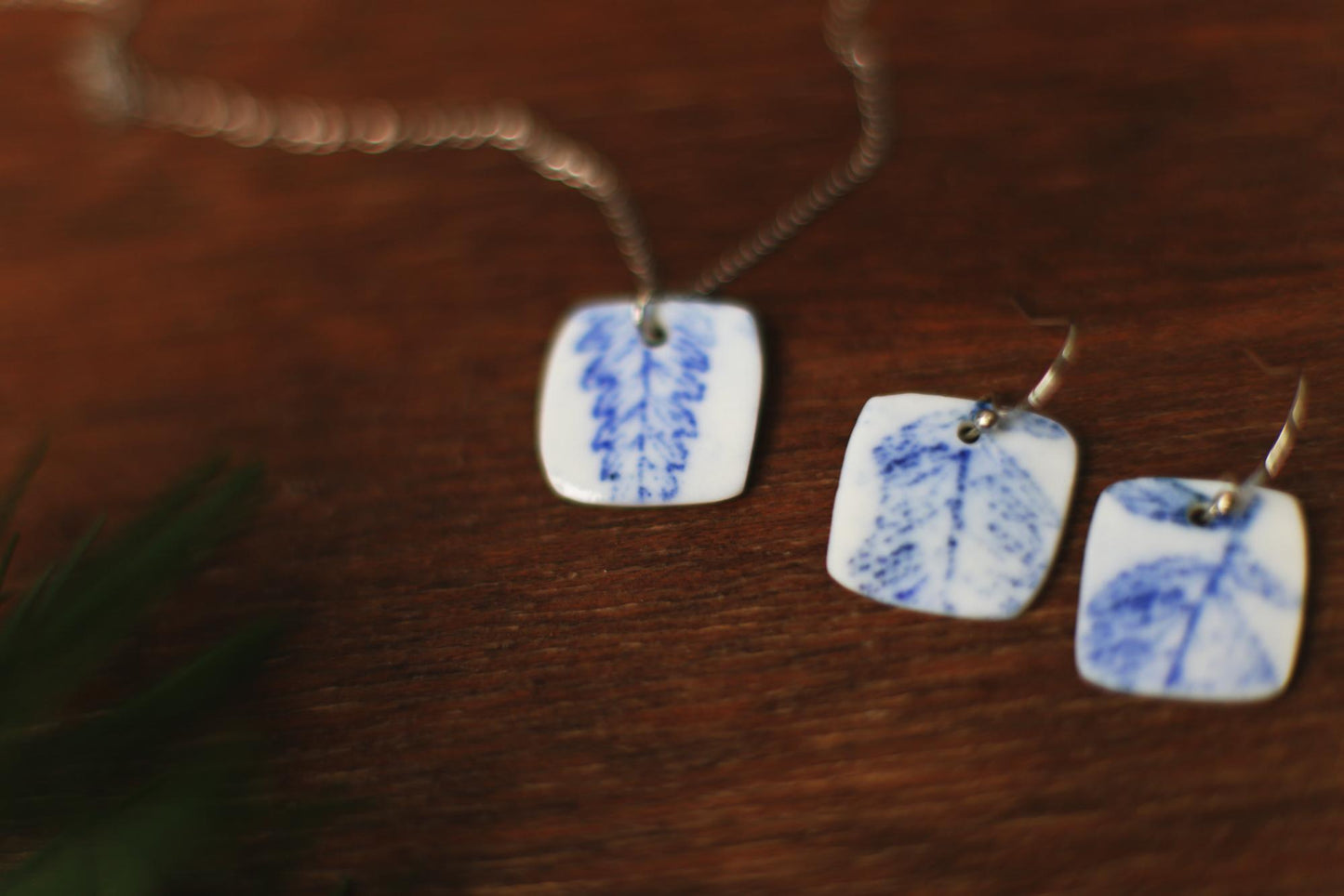 Fern Squares / Porcelain Earrings and Pendant Set