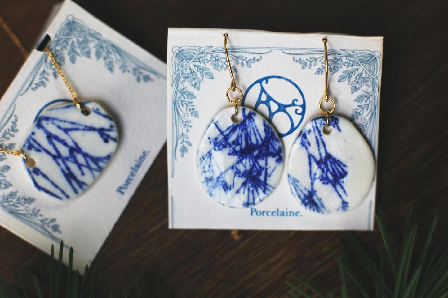 Cobalt Branches / Porcelain Earrings and Pendant Set