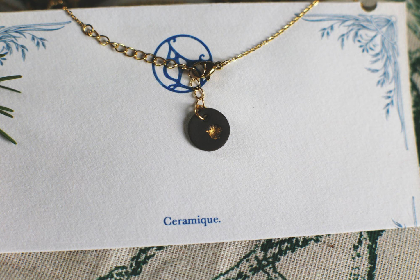 Golden Coast Charms / Black Ceramics Necklace with Seashell Imprints