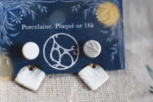 Leaf Jackets /Porcelain and Gold Ear-Jacket Earrings with Leaf Reliefs