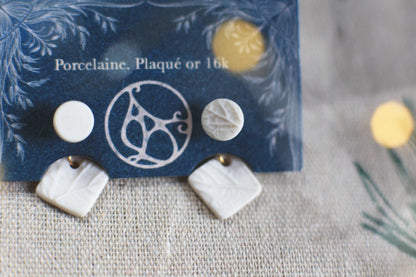 Leaf Jackets /Porcelain and Gold Ear-Jacket Earrings with Leaf Reliefs