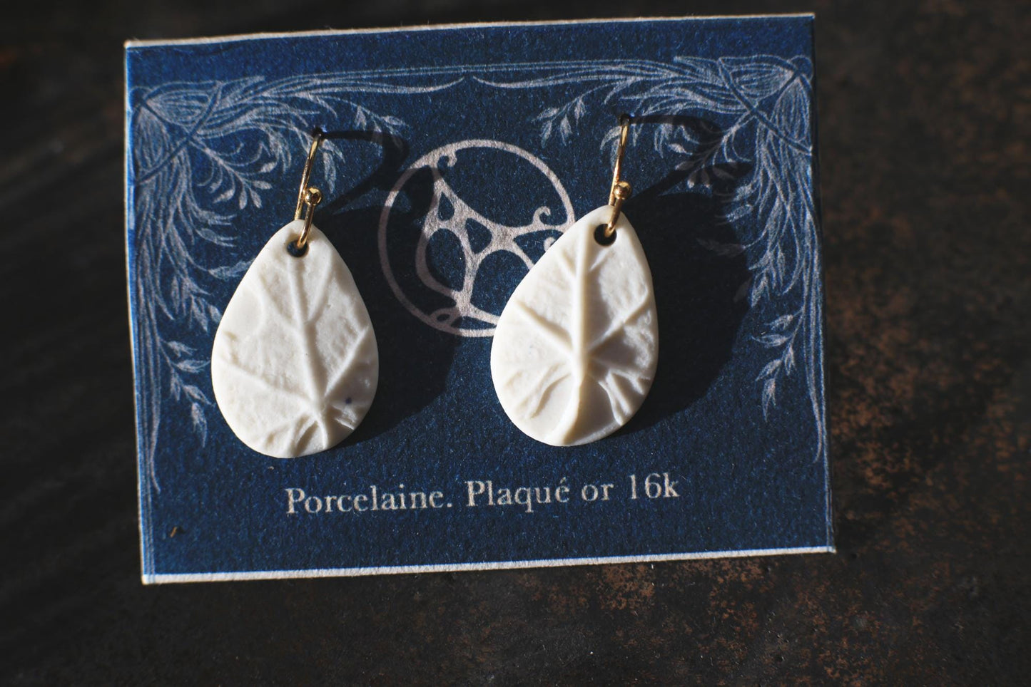 Porcelain Leaf Earrings and Pendant Set, Gold-Plated, Nature Inspired Jewelry