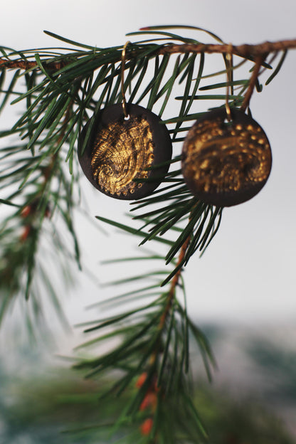 Golden Abalone / Black Ceramics Earrings With Abalone Imprints
