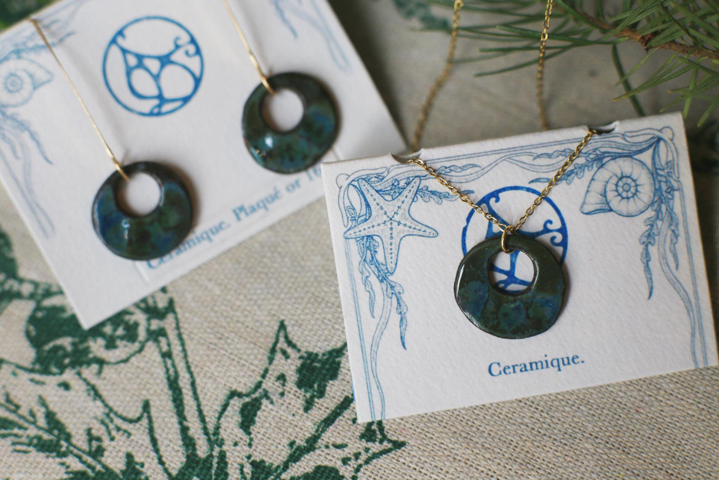 Sea Wreaths / Ceramic Earrings and Pendant with Seashell Imprints