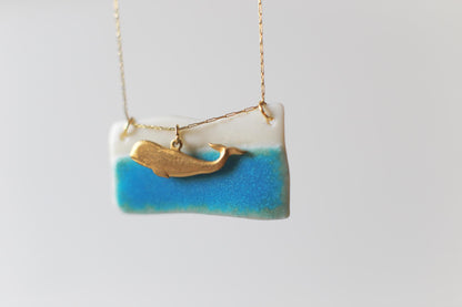 Turquoise Edge / Porcelain Pendant with a Whale Charm