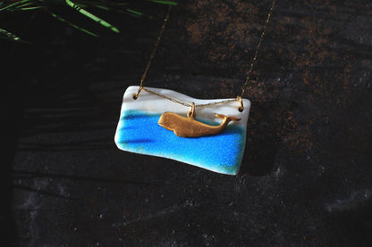 Turquoise Edge / Porcelain Pendant with a Whale Charm