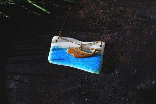 Turquoise Edge / Porcelain Pendant with a Whale Charm