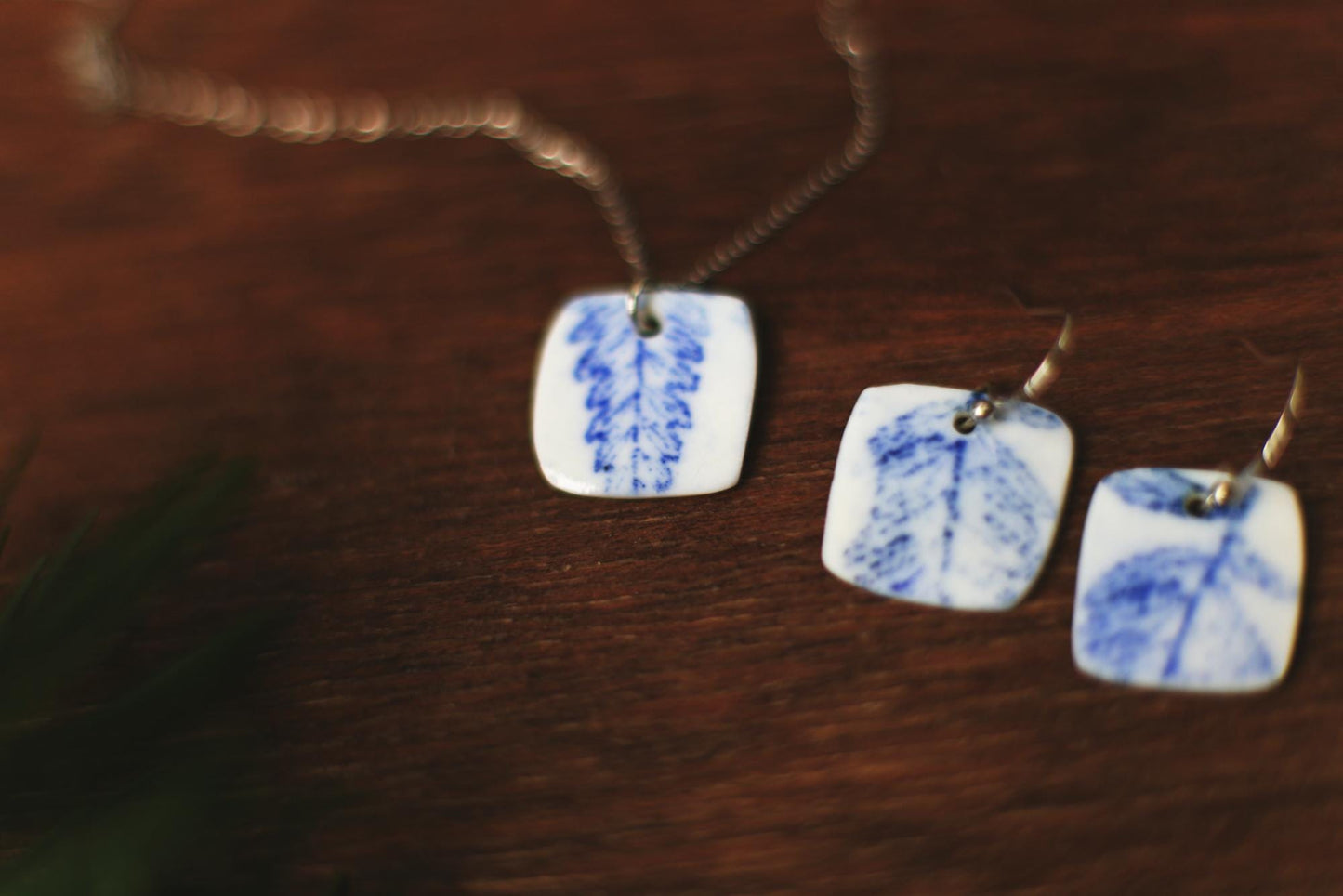 Fern Squares / Porcelain Earrings and Pendant Set