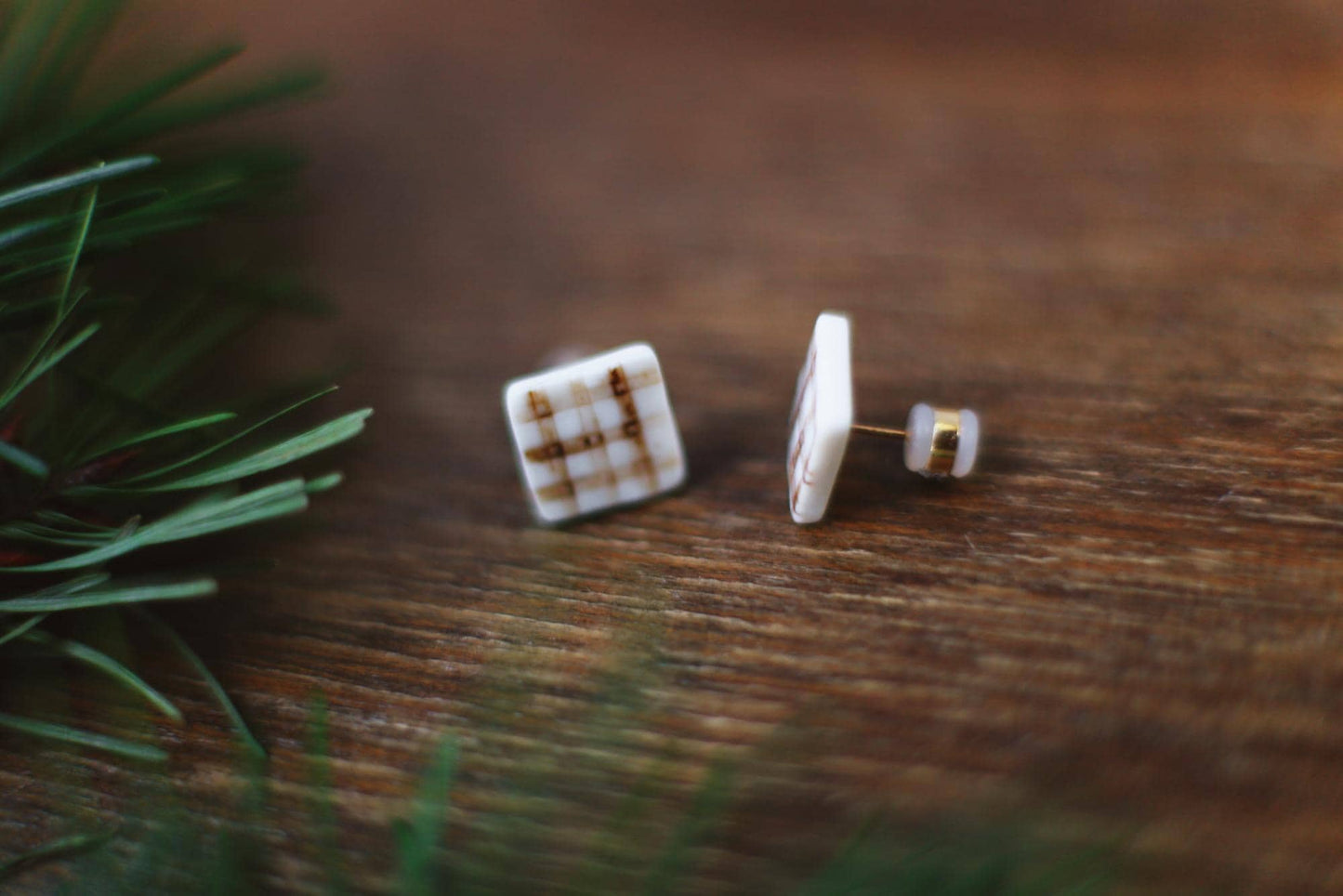 Checkered /Porcelain Gold-plated Stud Earrings