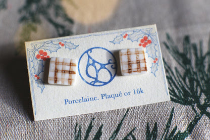 Checkered /Porcelain Gold-plated Stud Earrings
