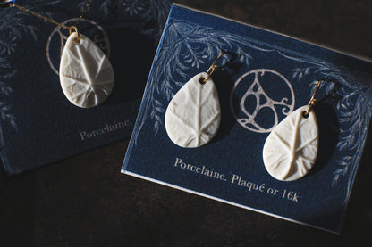 Porcelain Leaf Earrings and Pendant Set, Gold-Plated, Nature Inspired Jewelry