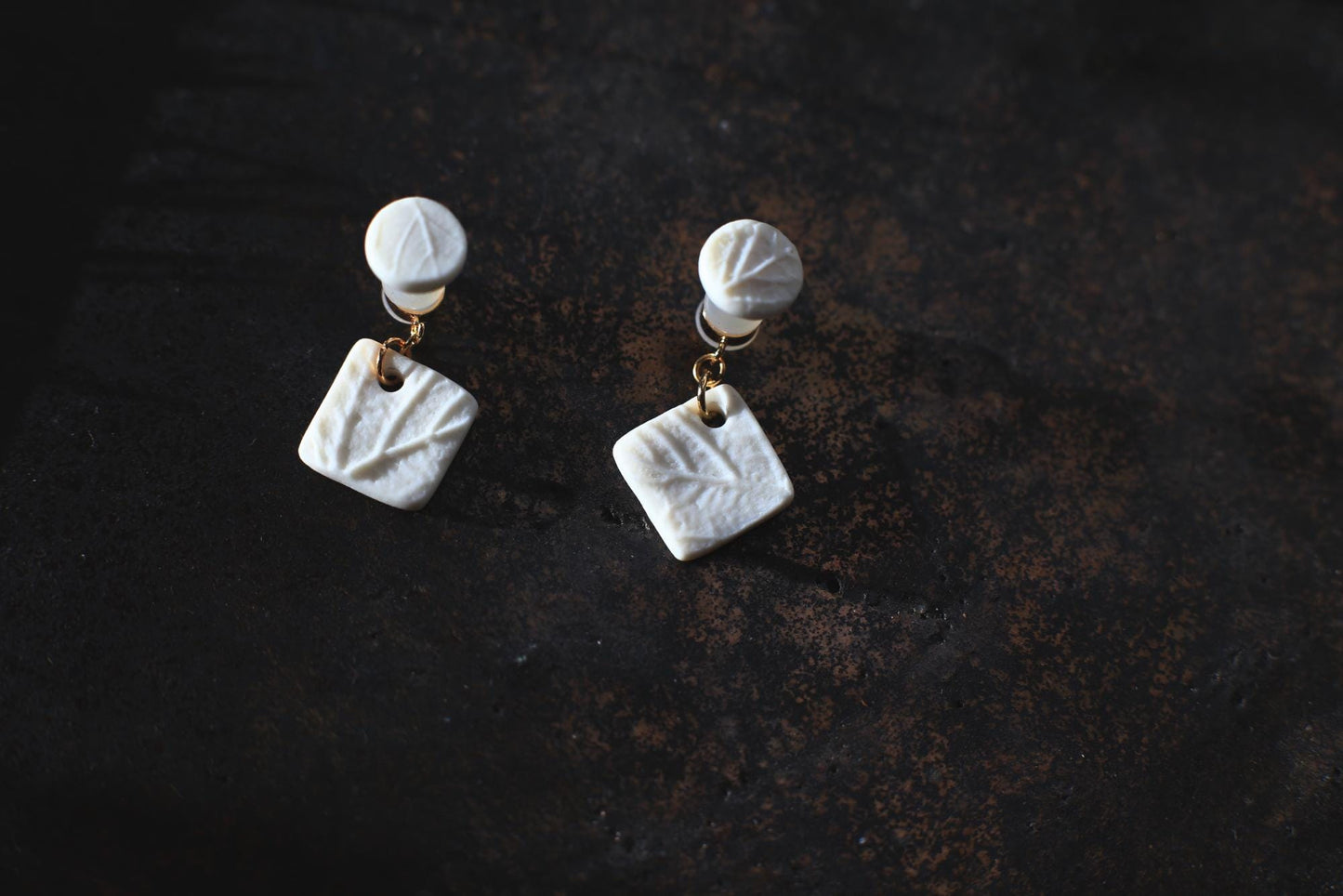 Leaf Jackets /Porcelain and Gold Ear-Jacket Earrings with Leaf Reliefs