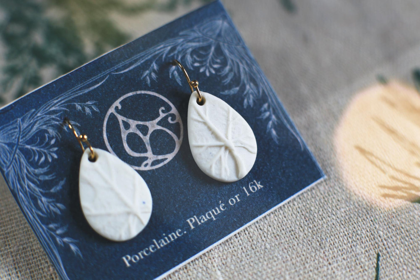 Porcelain Leaf Earrings and Pendant Set, Gold-Plated, Nature Inspired Jewelry