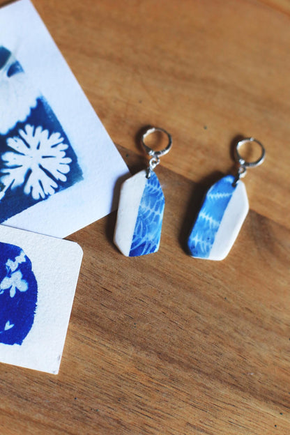 Fern Halves / Cyanotype Porcelain Earrings