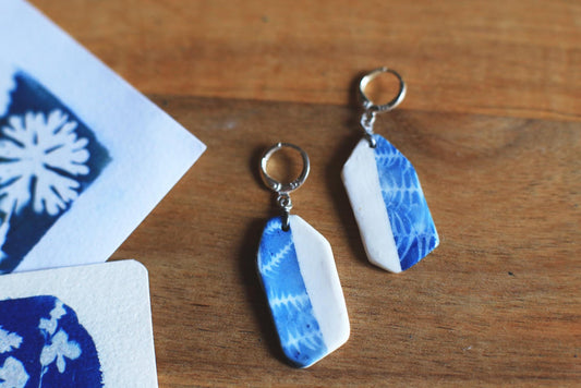Fern Halves / Cyanotype Porcelain Earrings